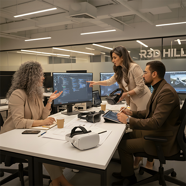 The R3D HILLS leadership team working collaboratively in a meeting. Nematollah, Sara, and Toktam are gathered around a laptop, deeply engaged in a discussion, showcasing their teamwork and synergy.