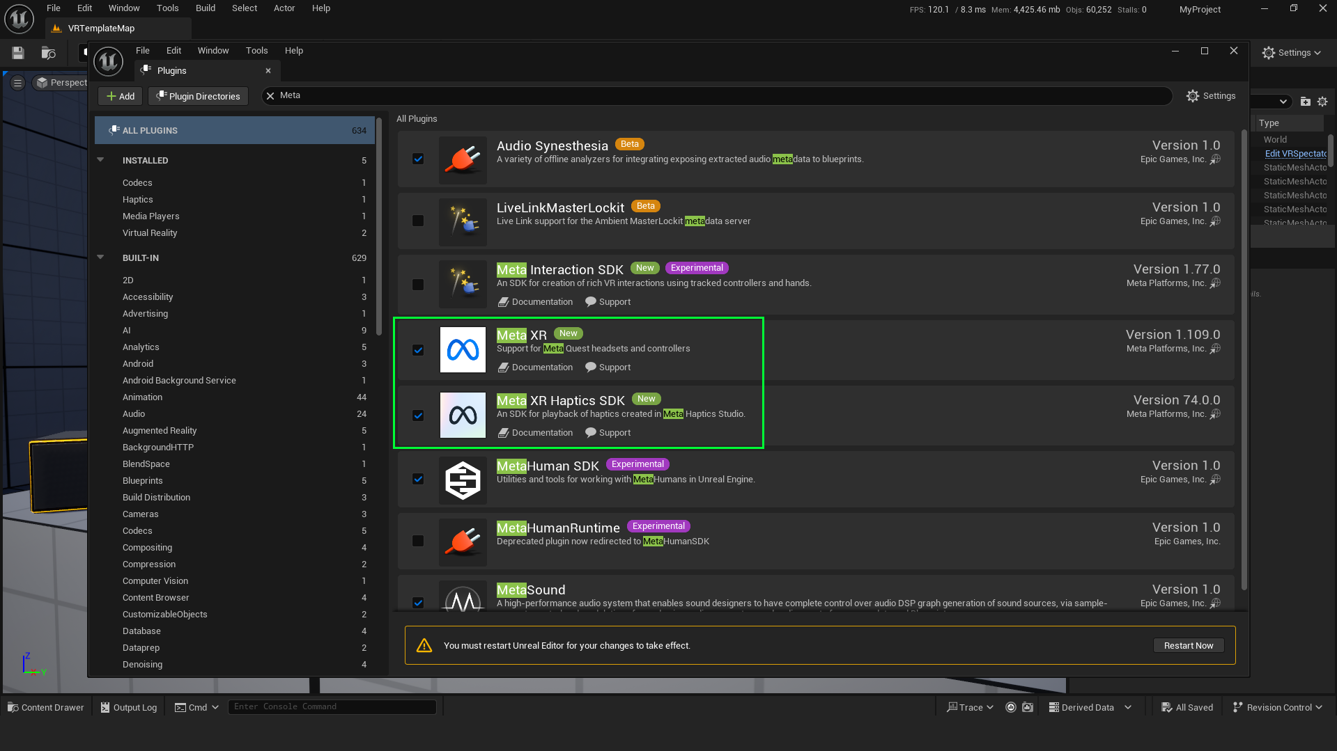 The Plugins window in Unreal Engine, showing that the ‘Meta XR’ and ‘Meta XR Haptics SDK’ plugins are both enabled.