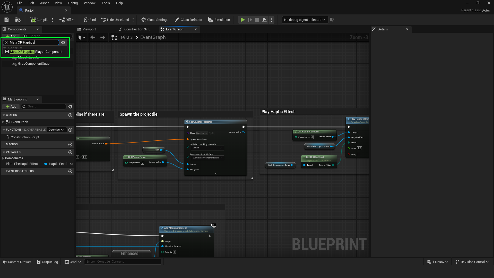 The ‘Add Component’ menu in an Unreal Engine Blueprint, with the ‘Meta XR Haptics Player’ component selected.