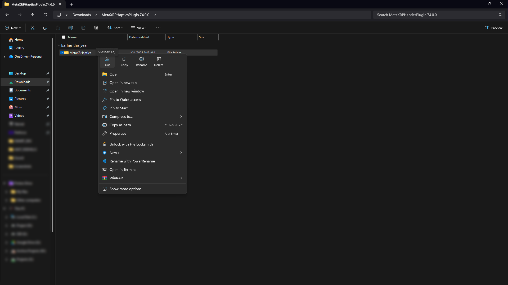 The ‘MetaXRHaptics’ plugin folder being selected and copied from the unzipped SDK files.