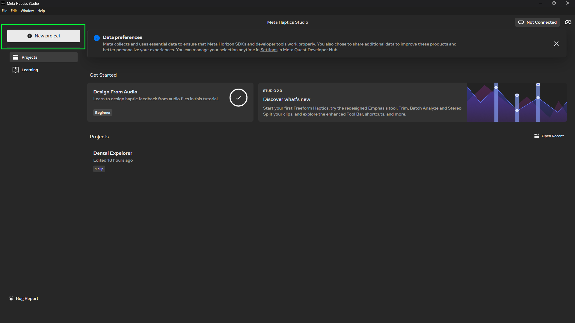 The main window of the desktop Meta Haptics Studio, with the ‘New Project’ button highlighted.