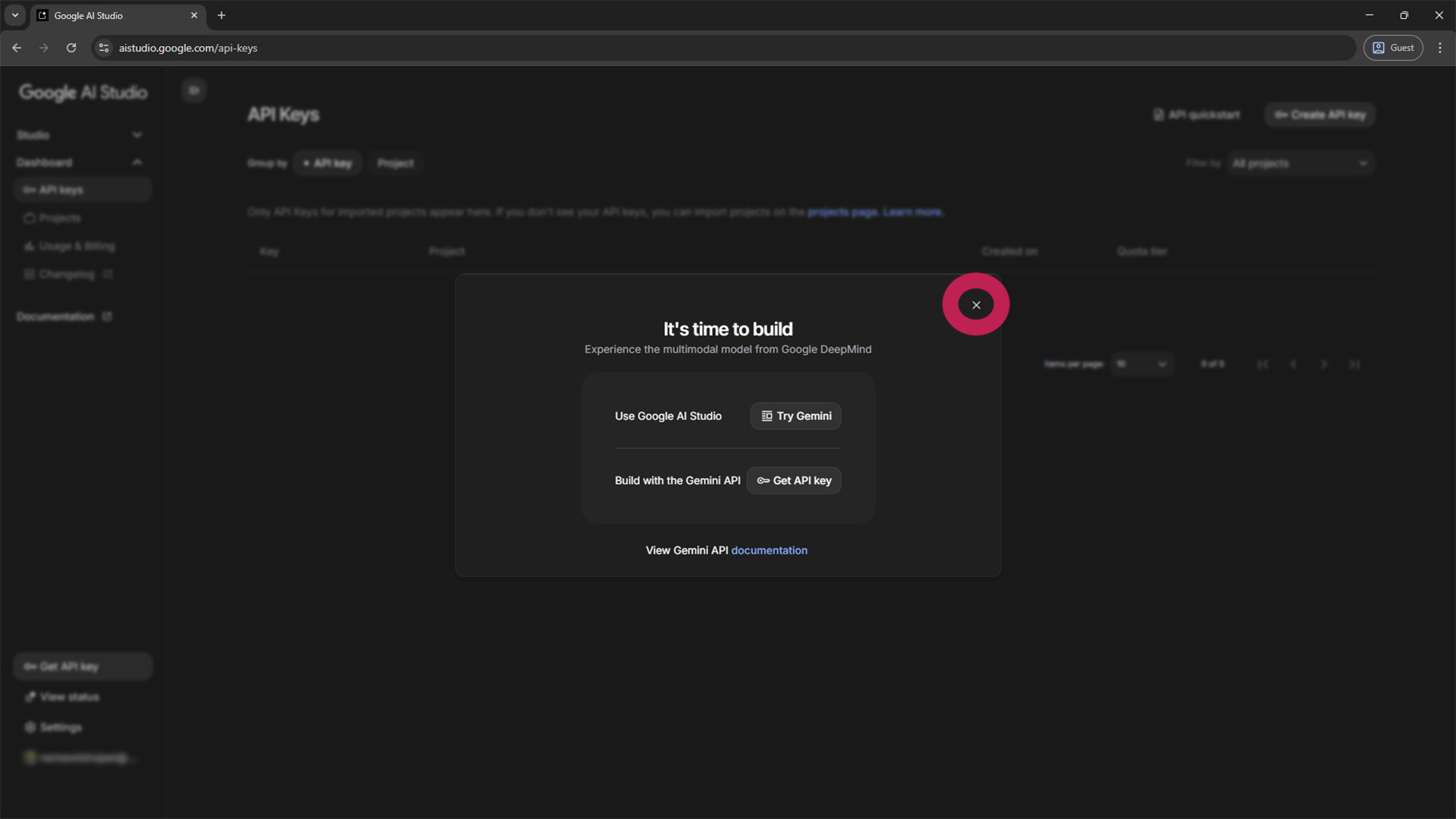 Closing the initial pop-up in Google AI Studio to access the API key section.