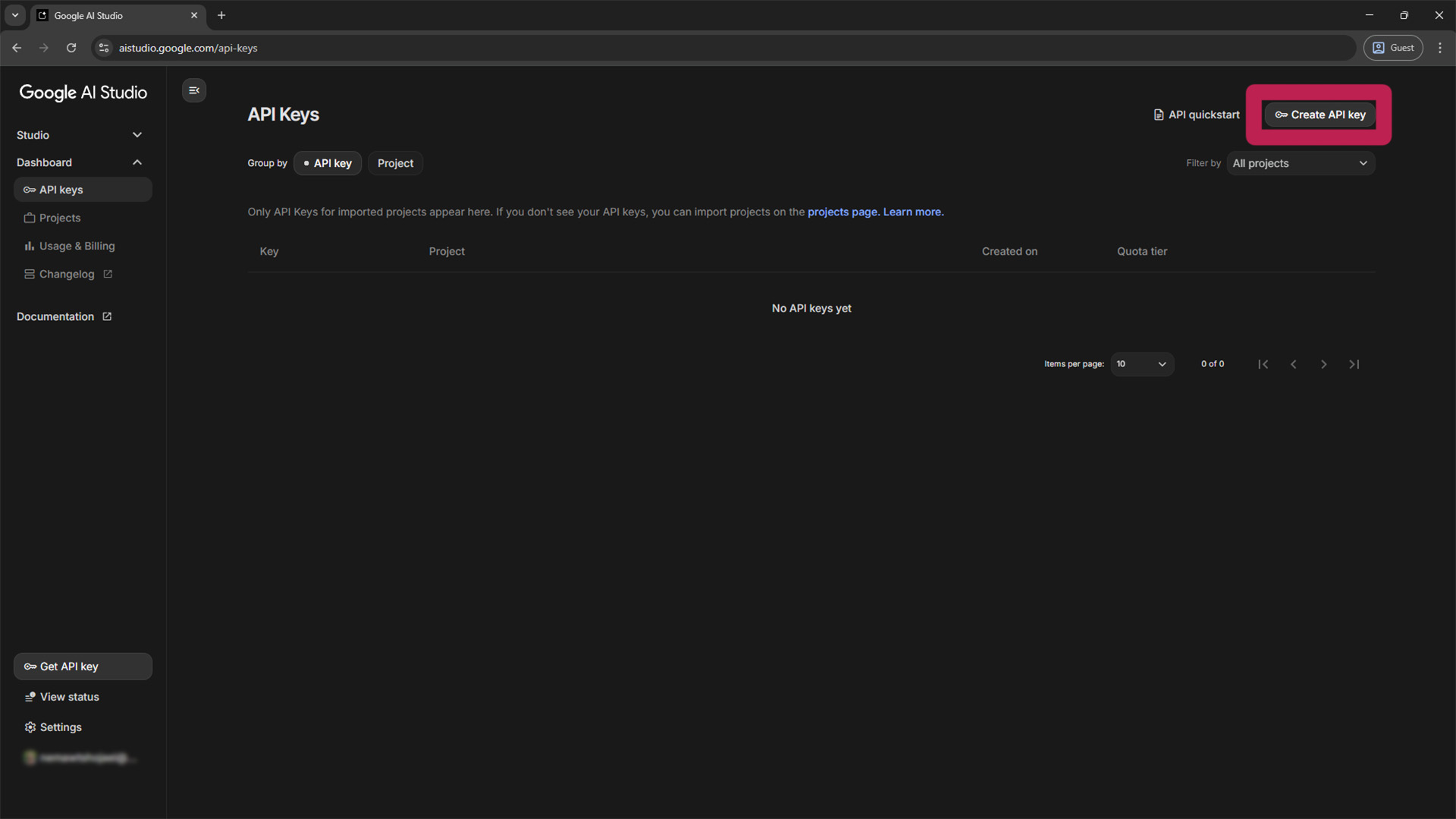 Clicking the ‘Create API key’ button in the Google AI Studio dashboard.