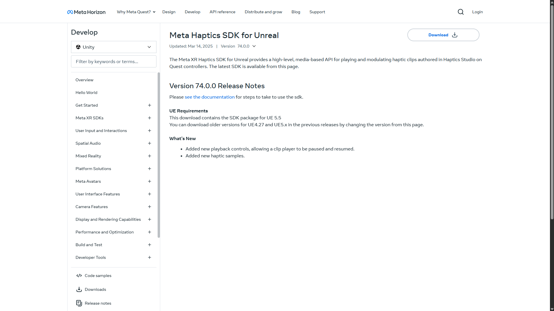 The official download page for the Meta Haptics SDK for Unreal Engine.