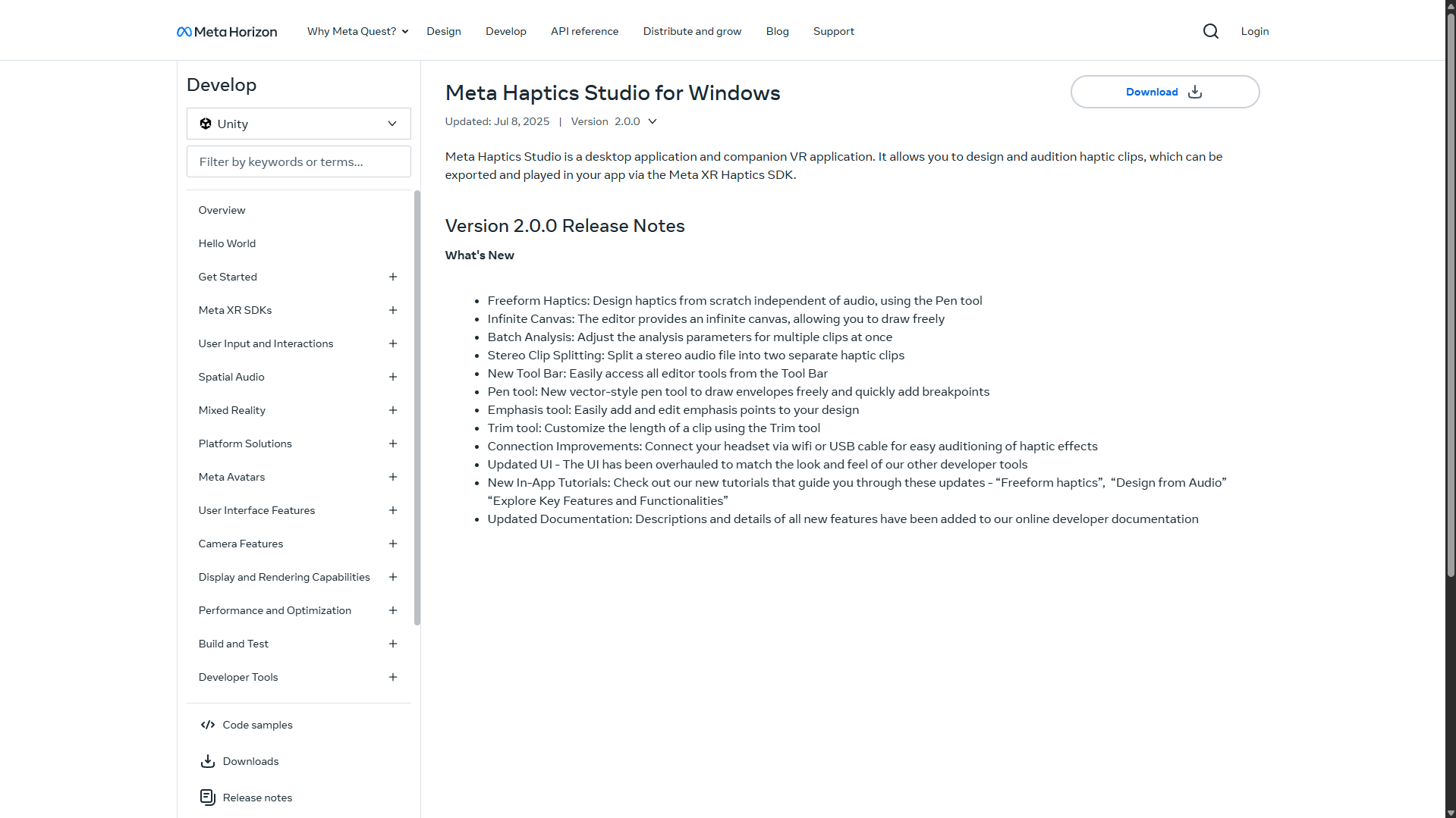 The official download page for Meta Haptics Studio for Windows on the Meta Horizon developer portal.