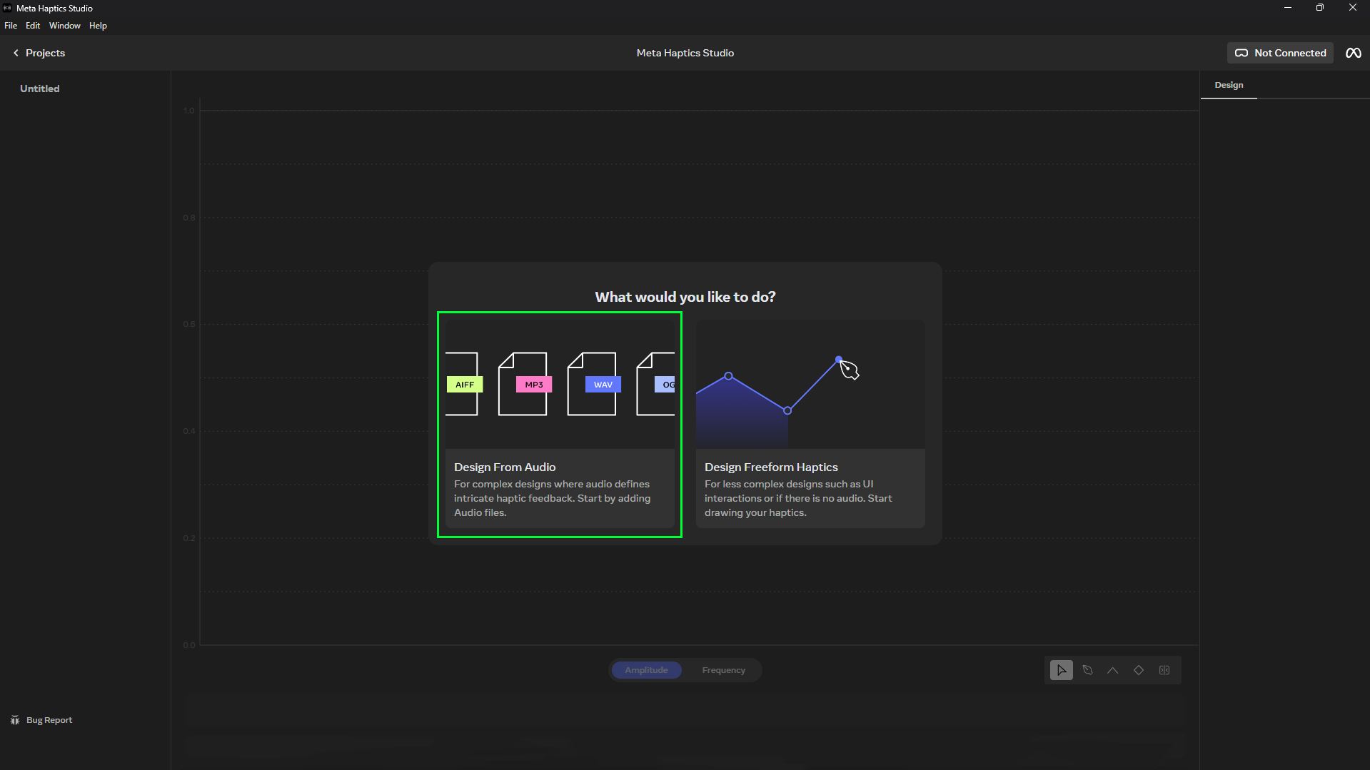 Selecting the ‘Design From Audio’ workflow option after creating a new project in Haptics Studio.