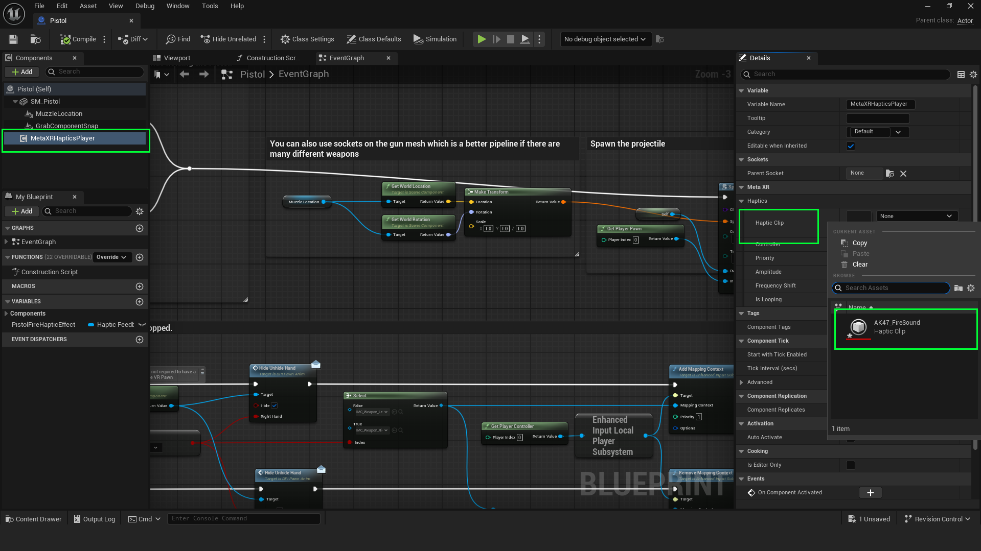 The Details panel in Unreal Engine for the Haptics Player component, where the imported .haptic clip is being assigned to the ‘Haptic Clip’ slot.