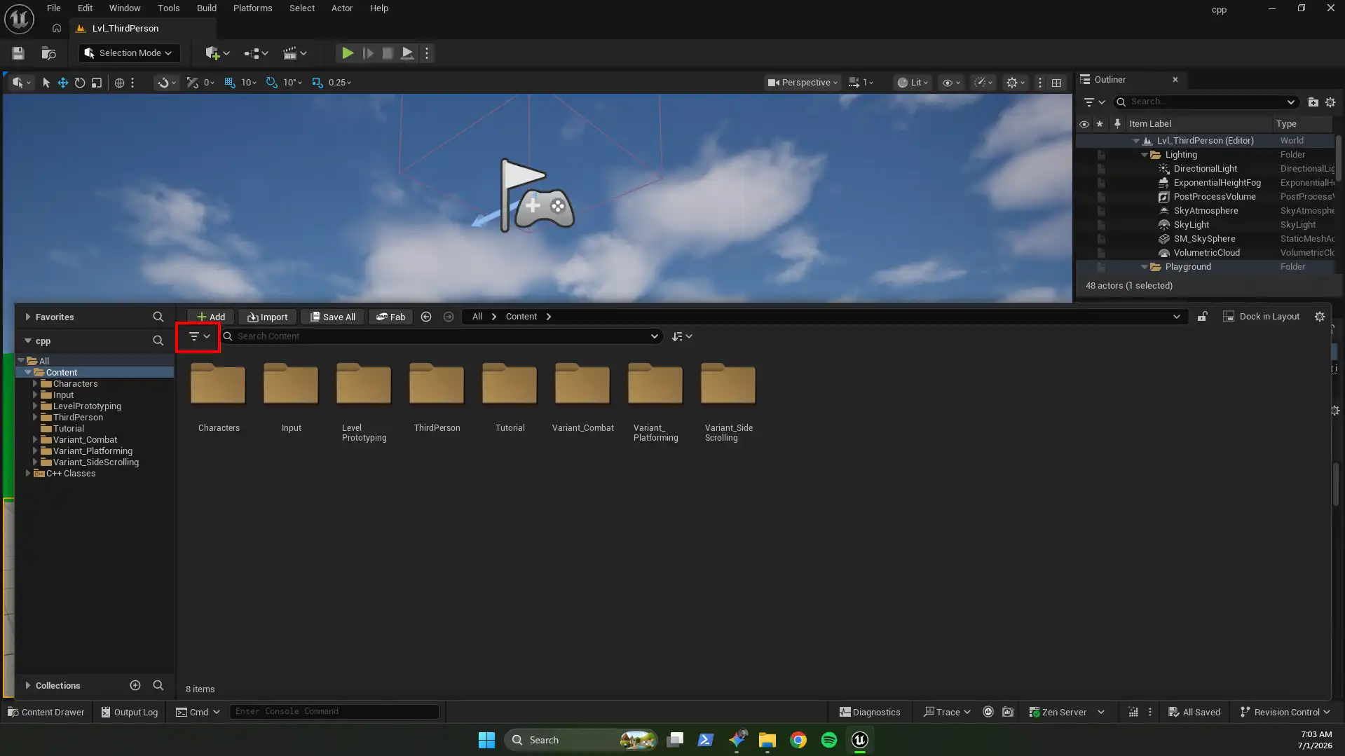 Opening the filter panel in the UE5 Content Browser